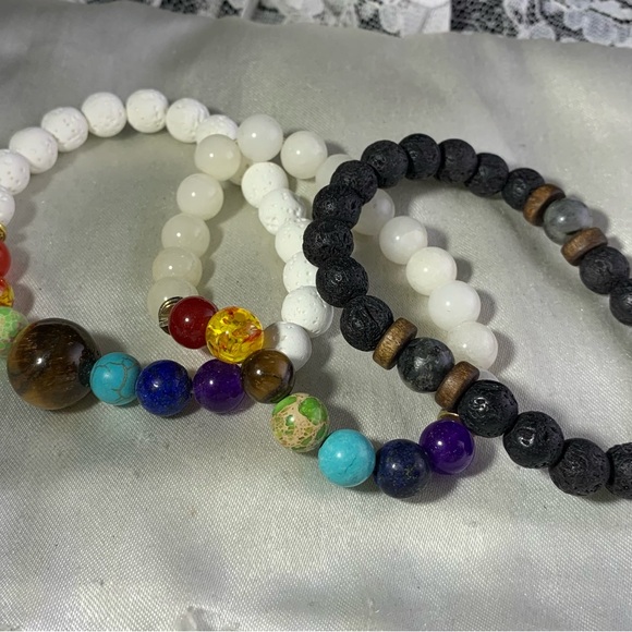 Stretchy Lava Stone Bracelet Jewelry - 3 White and Black Lava Stone CHakra Beaded Stretch Bracelet Trio